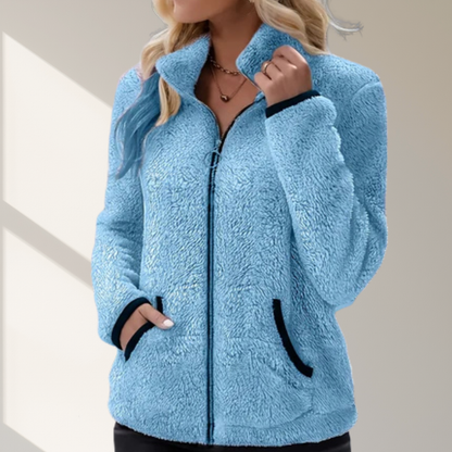 Nieuw modieus casual damesjack met contrasterende kleur, pluche rits en zak. Het is een warme, comfortabele jack met lange mouwen.