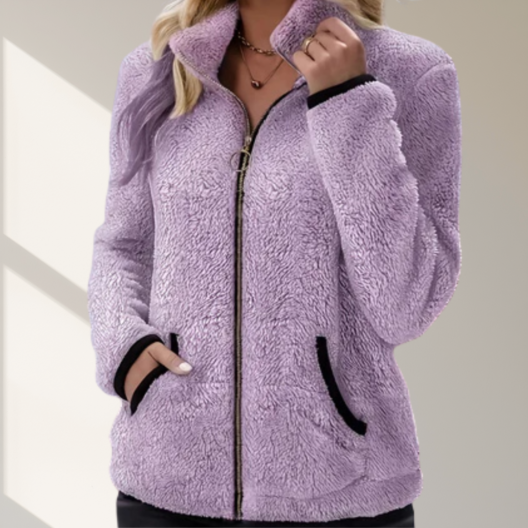 Nieuw modieus casual damesjack met contrasterende kleur, pluche rits en zak. Het is een warme, comfortabele jack met lange mouwen.