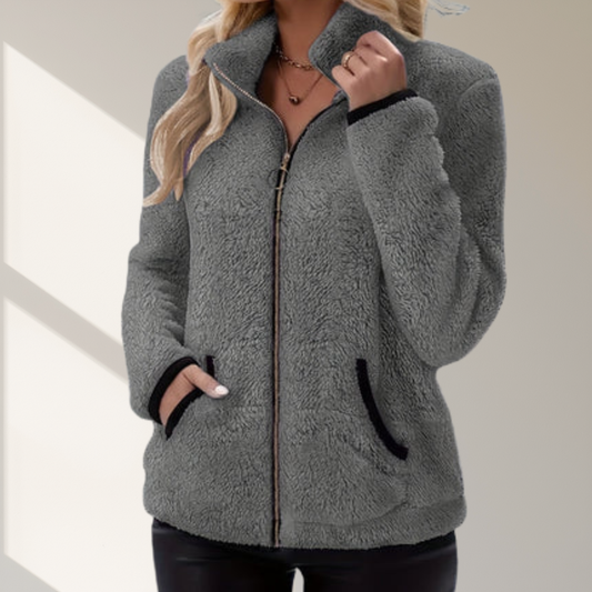 Nieuw modieus casual damesjack met contrasterende kleur, pluche rits en zak. Het is een warme, comfortabele jack met lange mouwen.