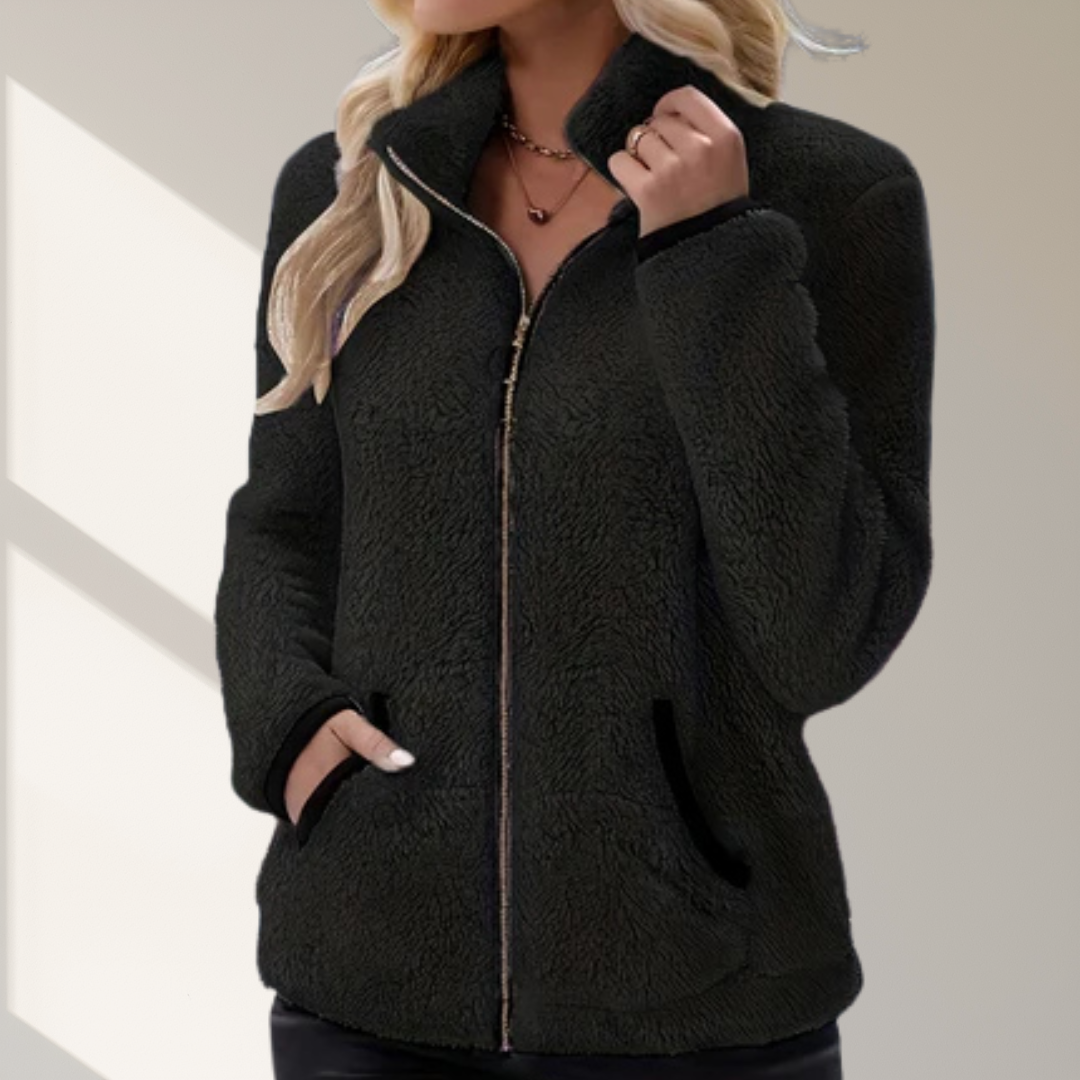 Nieuw modieus casual damesjack met contrasterende kleur, pluche rits en zak. Het is een warme, comfortabele jack met lange mouwen.