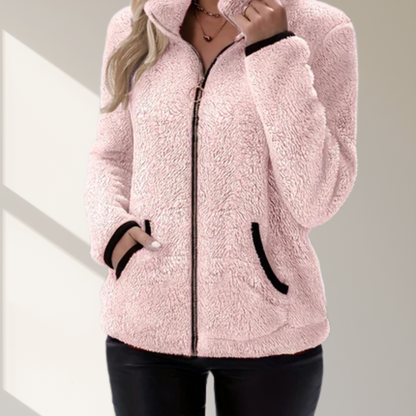 Nieuw modieus casual damesjack met contrasterende kleur, pluche rits en zak. Het is een warme, comfortabele jack met lange mouwen.