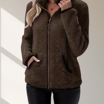 Nieuw modieus casual damesjack met contrasterende kleur, pluche rits en zak. Het is een warme, comfortabele jack met lange mouwen.