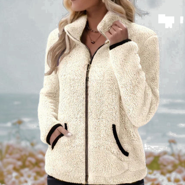 Nieuw modieus casual damesjack met contrasterende kleur, pluche rits en zak. Het is een warme, comfortabele jack met lange mouwen.